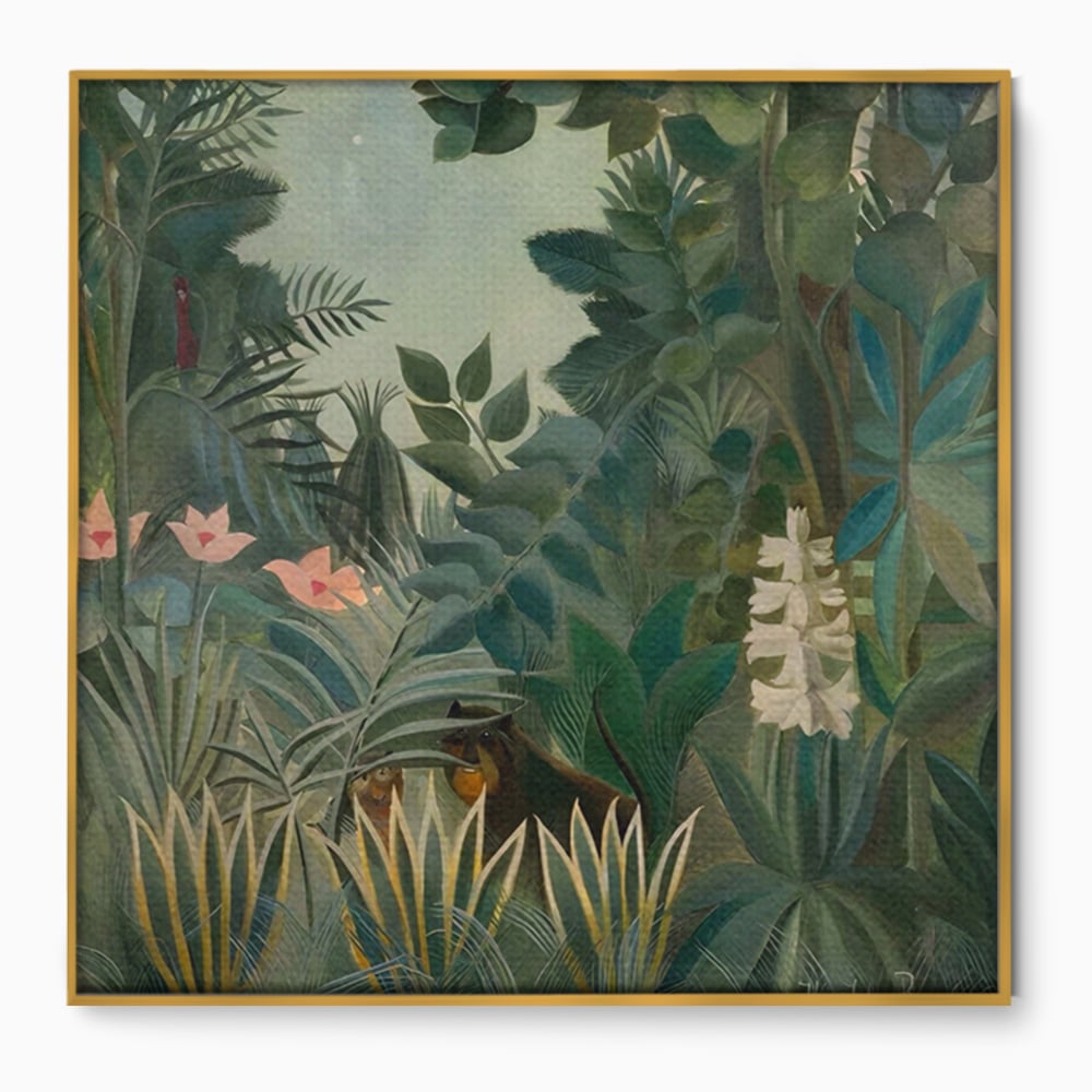 Tablou canvas cu pictura decorativa cu peisaj de jungla, in rama de aluminiu auriu